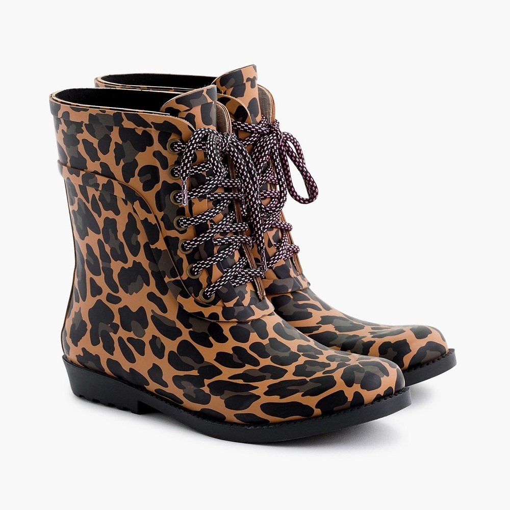 NEW J.Crew Lace-Up Rain Boots In Leopard . Size 6
